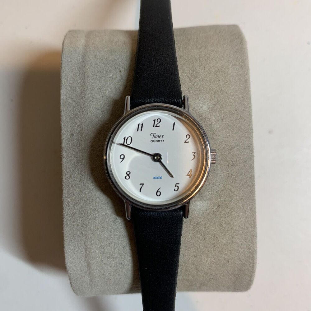 Timex Womens Silver Black Leather Quartz Watch White Dial
